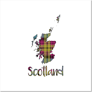 Scotland Pink, Blue and Yellow Tartan Map Typography Design Posters and Art